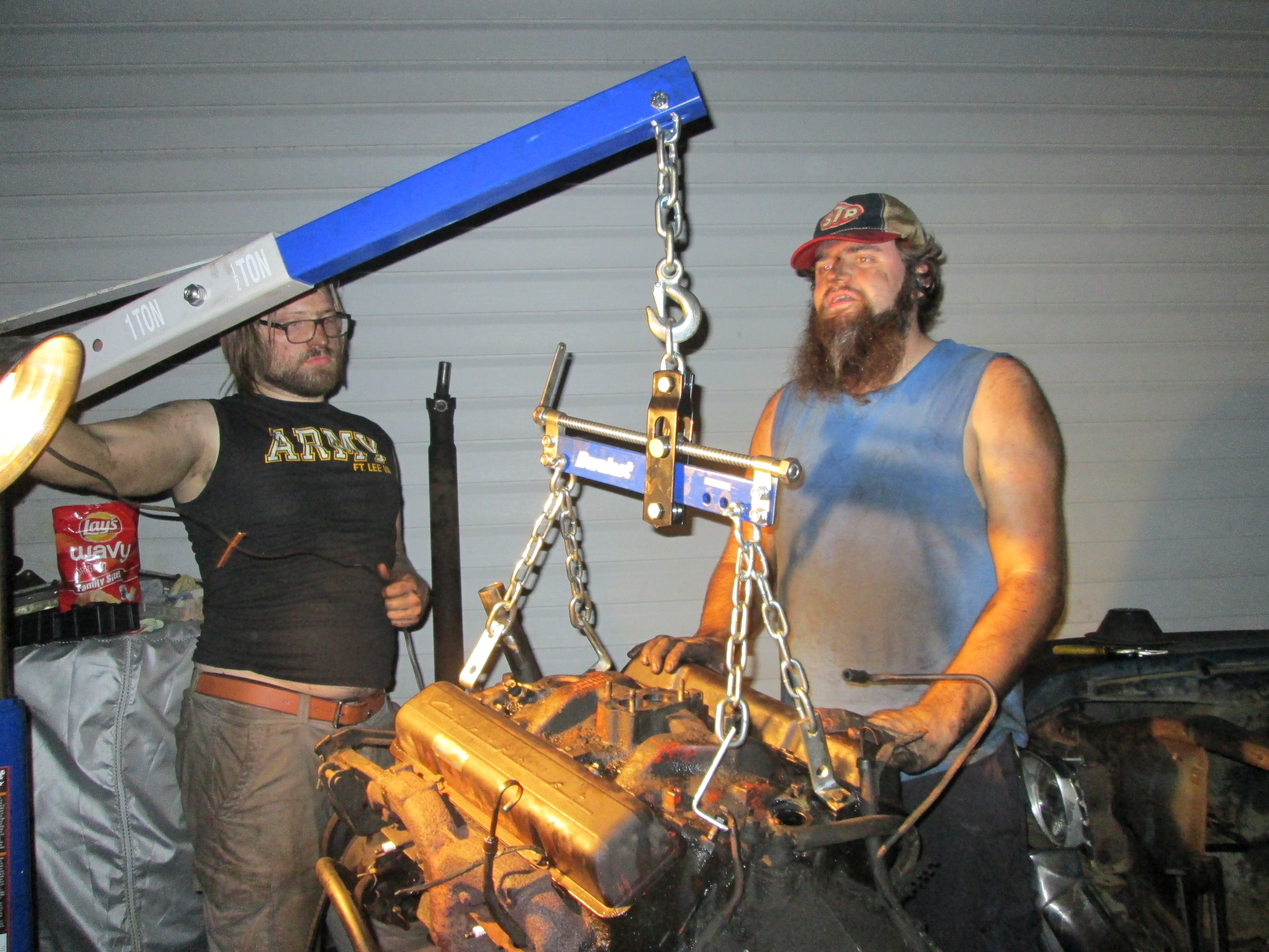 Nick and Derek with the engine and transmission